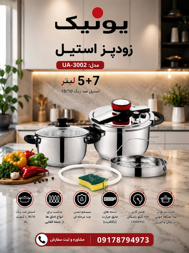زودپز استیل یونیک اولترا مدل UA-3002 | سرویس ۵ و ۷ لیتری استیل ضدزنگ 18/10