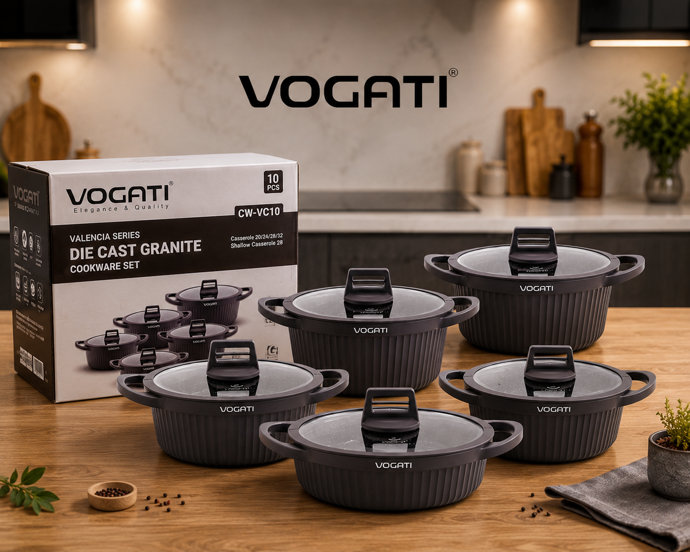 سرویس قابلمه ۱۰ پارچه گرانیتی ووگاتی (VOGATI) مدل CW-VC10 سری Valencia | دایکست گرانیت با درب شیشه‌ای