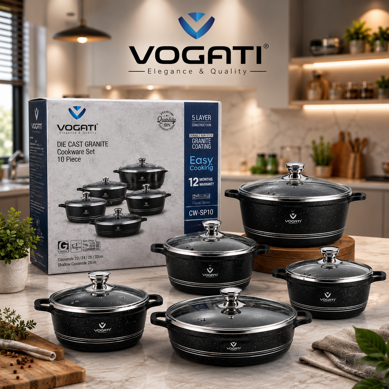 سرویس قابلمه گرانیتی ۱۰ پارچه VOGATI مدل CW-SP10 | بدنه دایکست ۵ لایه