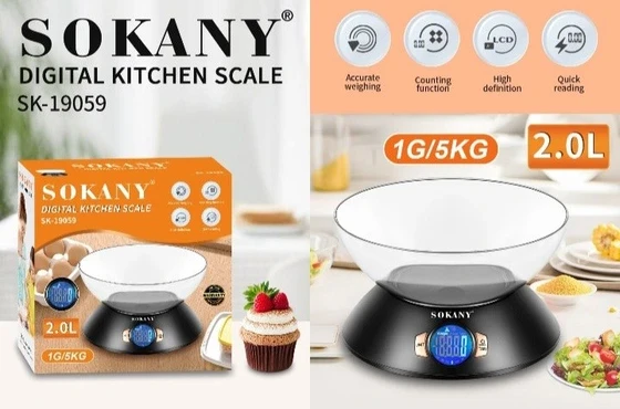 ترازوی دیجیتال آشپزخانه سوکانی مدل SK-19059 | کاسه 2 لیتری | دقت 1 گرم تا 5 کیلوگرم