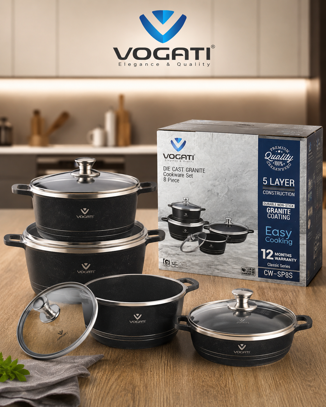 سرویس قابلمه گرانیتی ۸ پارچه ووگاتی اصلی (VOGATI) مدل CW-SP8S | پوشش نچسب ۵ لایه