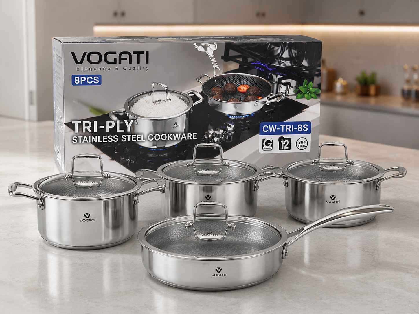 سرویس قابلمه استیل لیزری سه‌لایه ووگاتی اصلی ۸ پارچه مدل CW-TRI-8XS | استیل ضدزنگ 304 با درب پیرکس