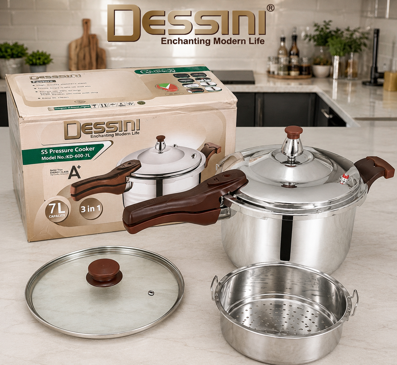 زودپز استیل ۳ کاره دسینی ۷ لیتری مدل KD-600-7L | 2026 کاره همراه درب شیشه‌ای، سبد بخارپز، کف سه‌لایه و سیستم ایمنی چندگانه