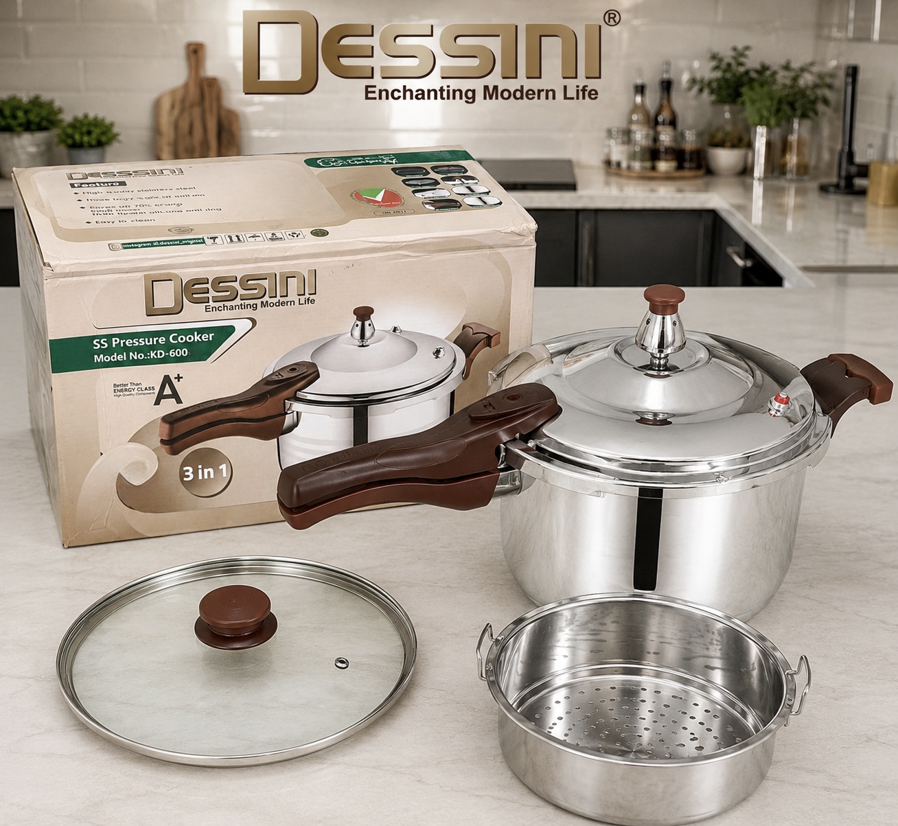 زودپز استیل ۳ کاره دسینی 6 لیتری مدل KD-600-6L | 2026 کاره همراه درب شیشه‌ای، سبد بخارپز، کف سه‌لایه و سیستم ایمنی چندگانه