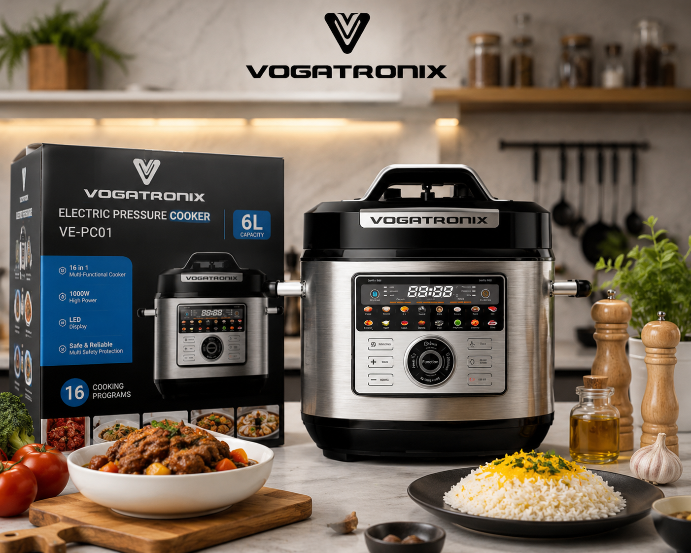 زودپز برقی ۱۶ کاره ووگاترونیکس VOGATRONIX اصلی مدل VE-PC01 ظرفیت ۶ لیتر | زودپز، آرام‌پز، بخارپز و پلوپز