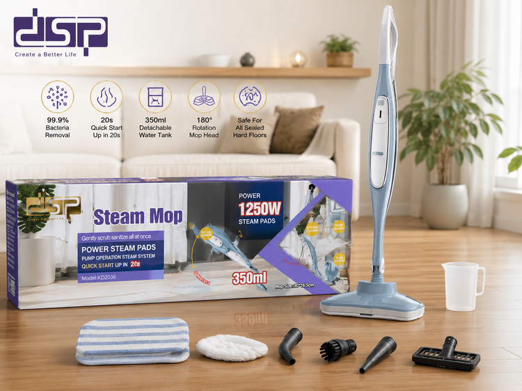 بخارشوی ایستاده DSP مدل KD2036 | Steam Mop 1250W با مخزن 350 میلیلیتر و سری چرخشی 180 درجه