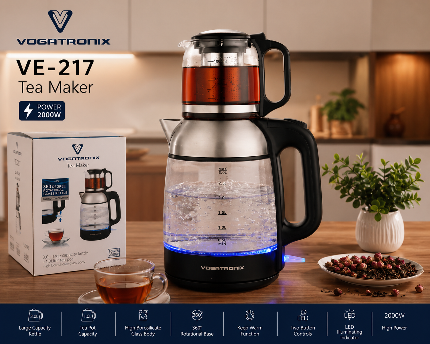 چای‌ساز ووگاترونیکس مدل VE-217 | کتری شیشه‌ای 3 لیتری + قوری 1 لیتری | توان 2000 وات