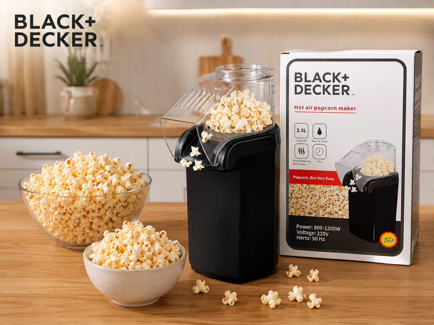 دستگاه پاپ کورن ساز بلک اند دکر (BLACK+DECKER) مدل Hot Air Popcorn Maker | بدون نیاز به روغن | ظرفیت ۲.۵ لیتر