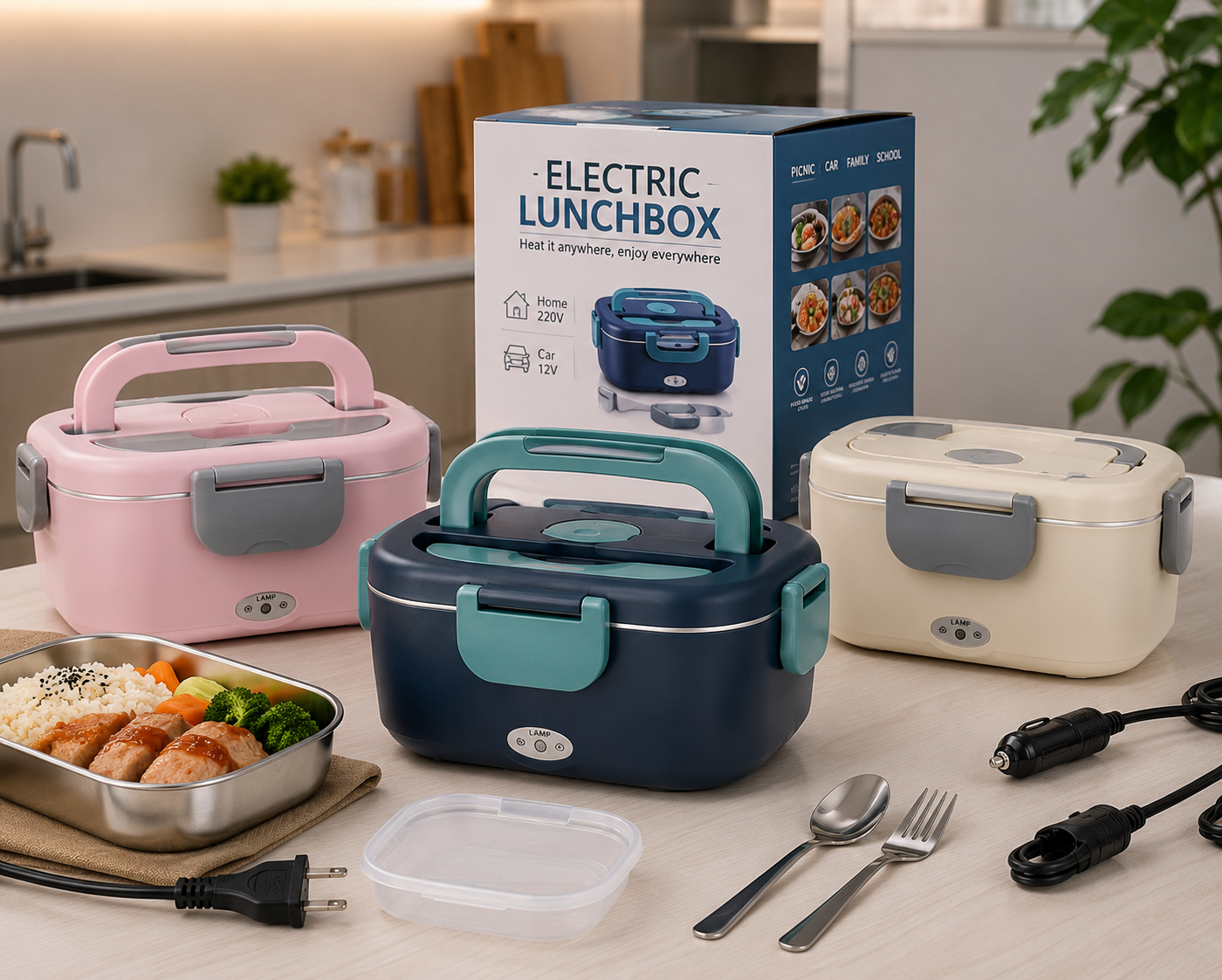 ظرف غذای برقی لانچ باکس 2 در 1 مدل Electric Lunch Box | گرم‌کن غذا 220 ولت و 12 ولت خودرو با ظرف استیل