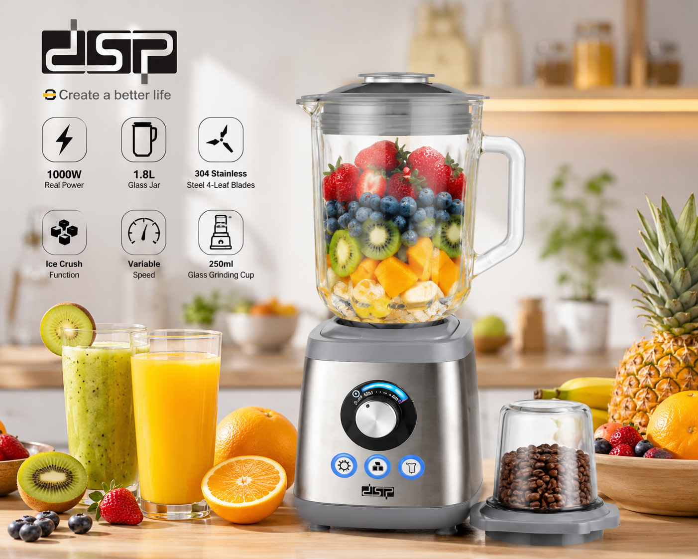 مخلوط کن و آسیاب DSP مدل KJ2198 | توان 1000 وات، پارچ شیشه‌ای 1.8 لیتری، خردکن یخ
