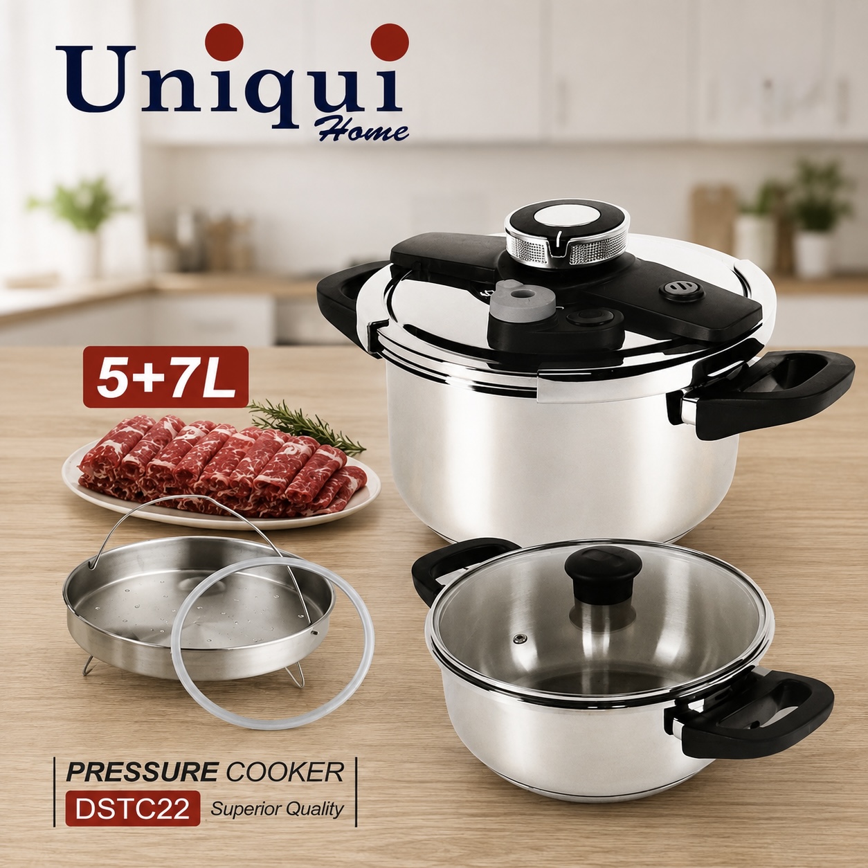 زودپز دوقلو استیل یونیکی هوم Uniqui Home مدل DSTC22 ظرفیت ۵ و ۷ لیتر همراه سبد بخارپز و درب شیشه‌ای