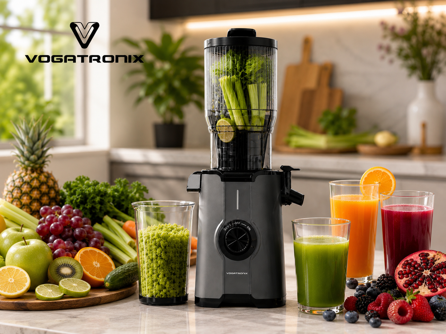 آبمیوه‌گیری و عصاره گیر (Slow Juicer) ووگاترونیکس مدل VE-SJ02 | موتور 200 وات | دهانه ورودی 108 میلی‌متری