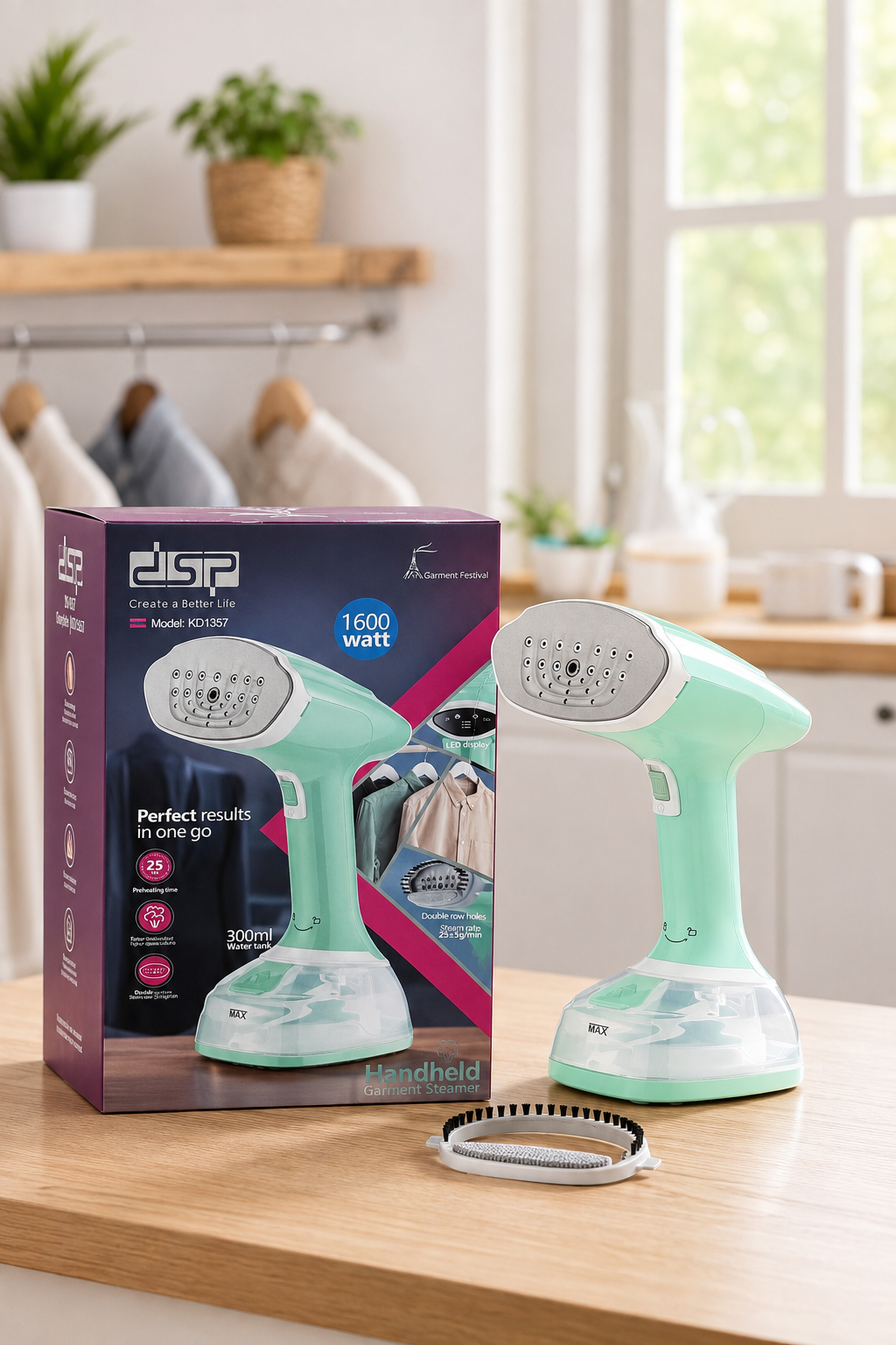 بخارگر دستی لباس DSP مدل KD1357 | توان 1600 وات، مخزن 300 میلی‌لیتر، بخاردهی سریع