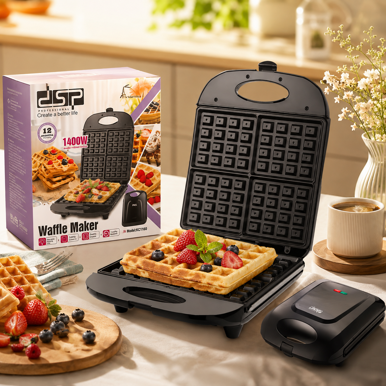دستگاه وافل‌ساز برقی ۴ خانه دی اس پی مدل KC 1160 – DSP KC1160 Waffle Maker