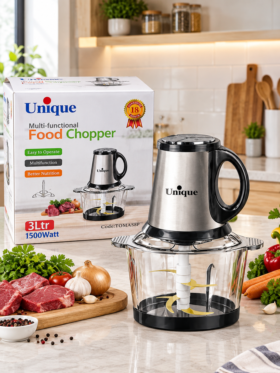 خردکن چندکاره Unique مدل TOMAS8P ظرفیت 3 لیتر با توان 1500 وات